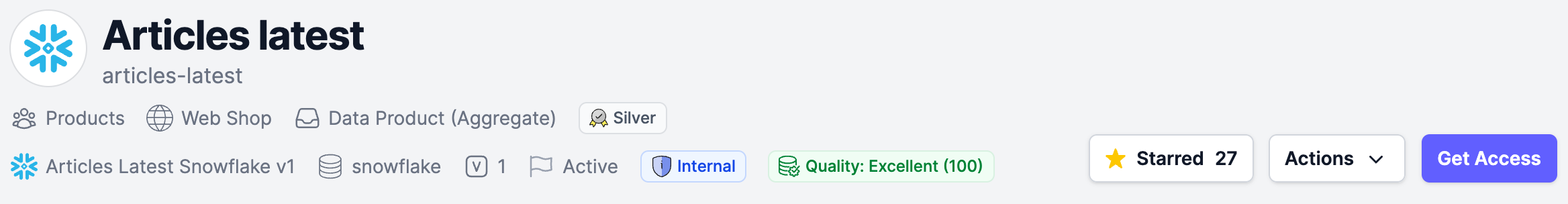 The header of the Articles latest data product with the Get Access button, shown to a member of the providing team