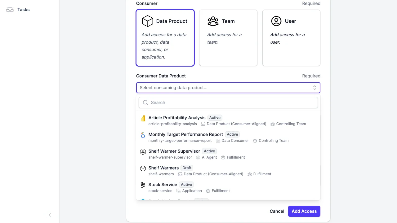 The consumer combobox on the Add Access form, listing data products with status, id, archetype and team