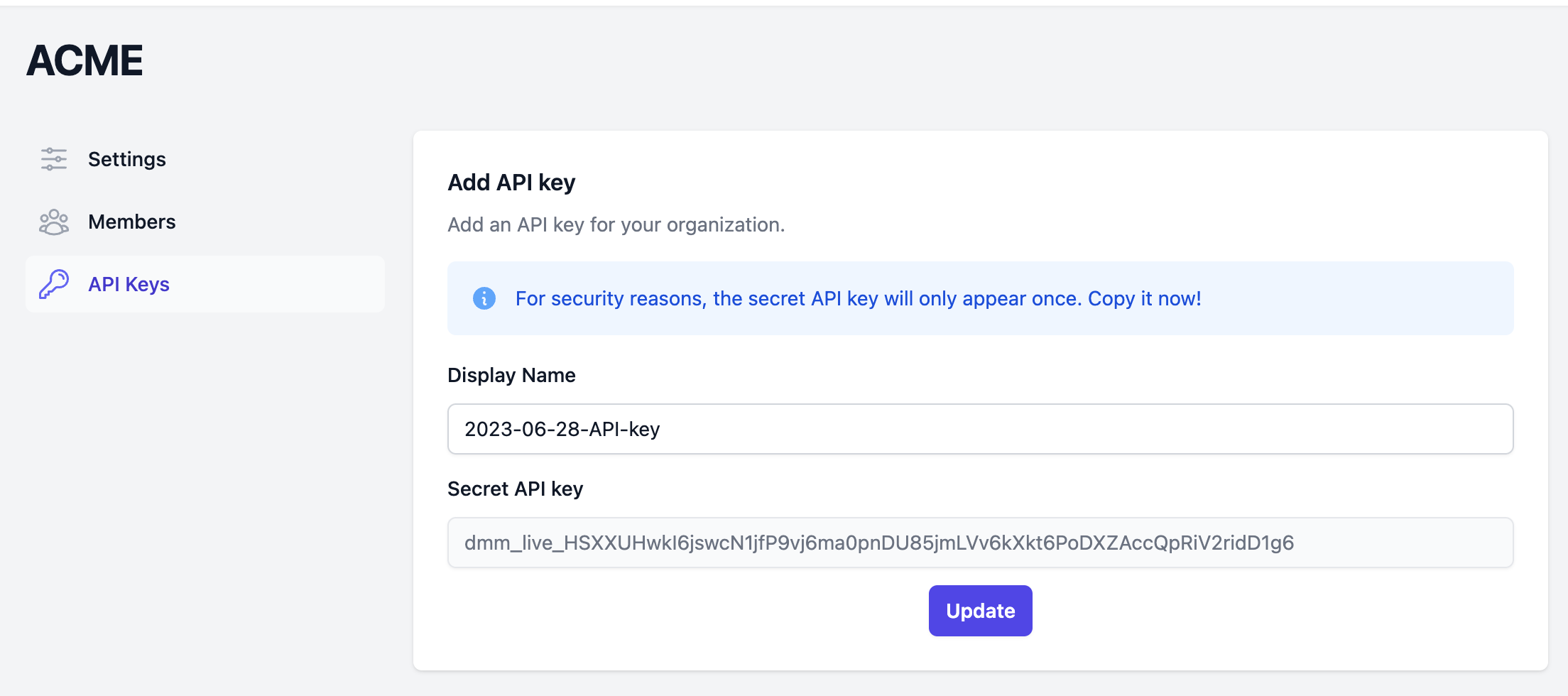 API key overview page