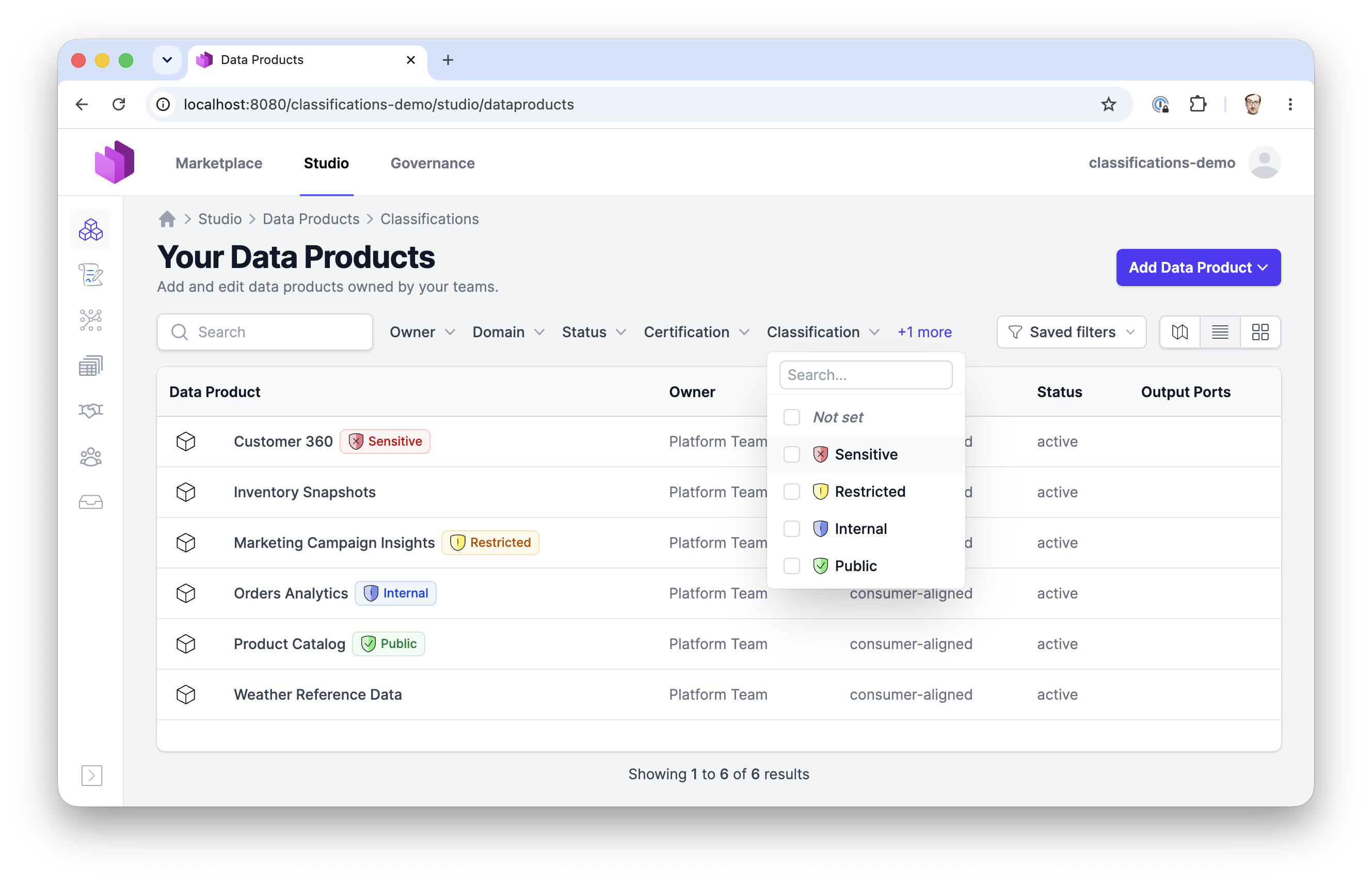 Classification badges on the data product list