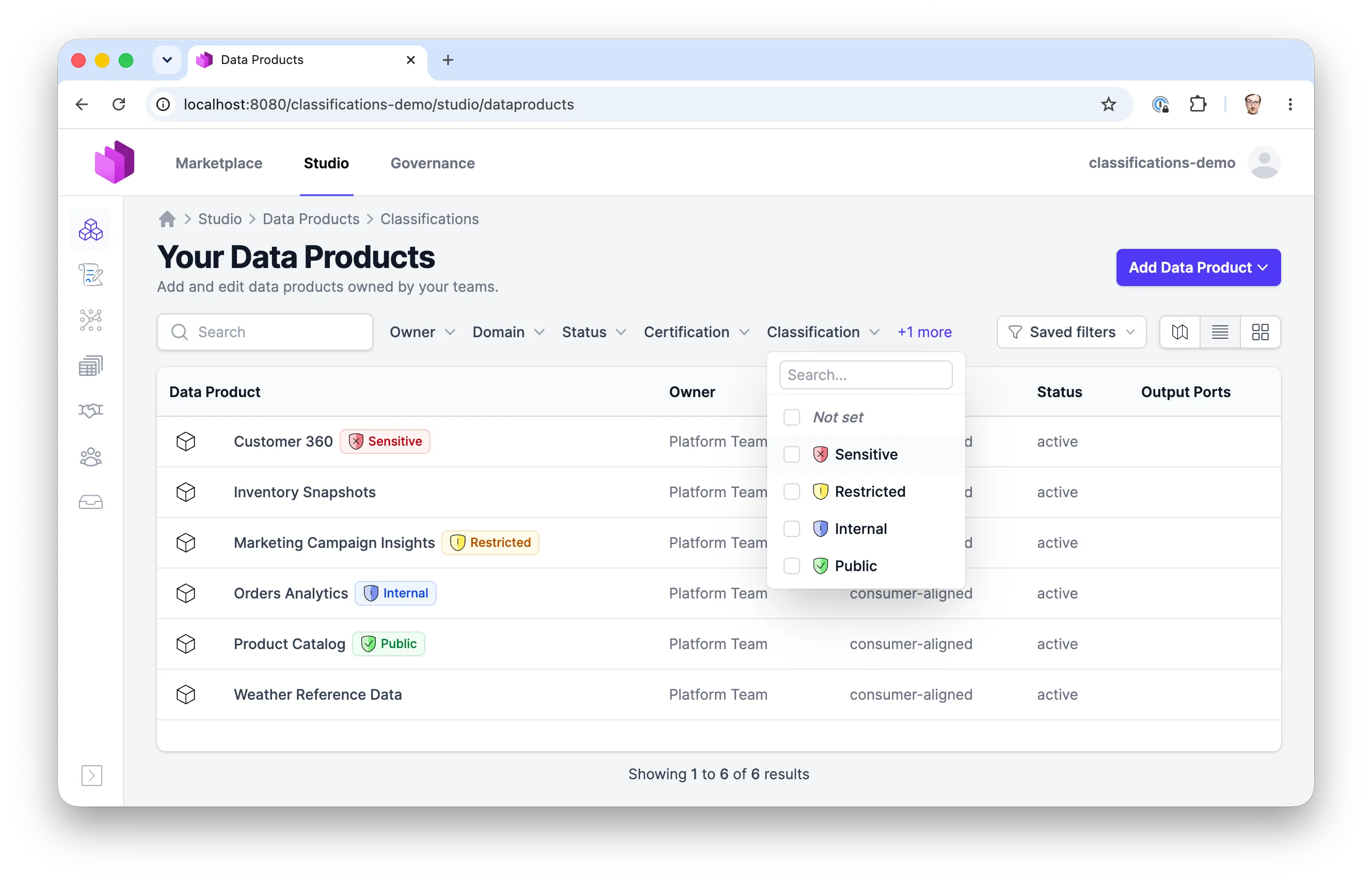 Classification badges on the data product list