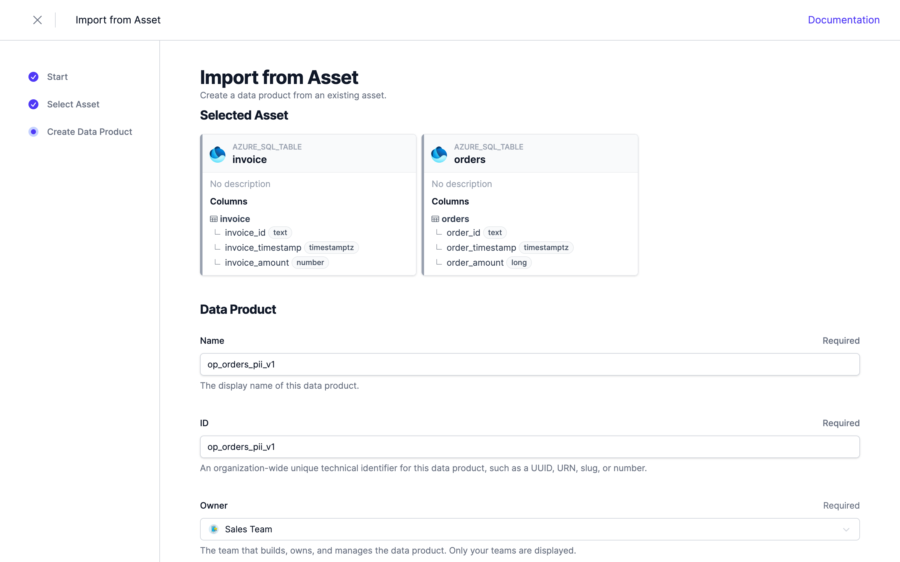 Import wizard, step 3 — name the data product
