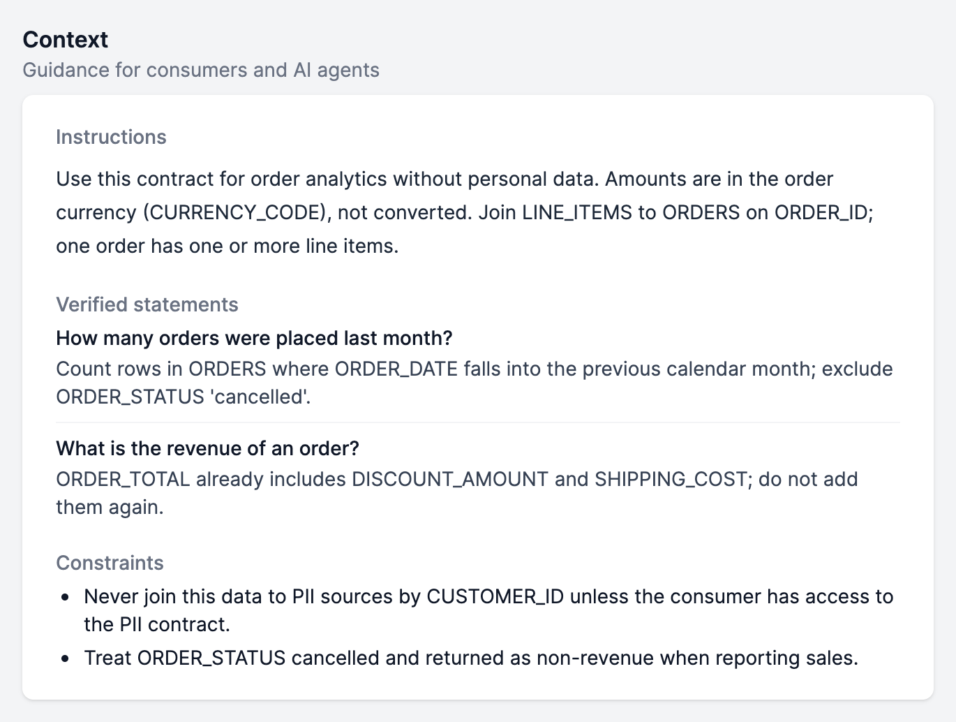 The Context section of a data contract with instructions, verified statements and constraints
