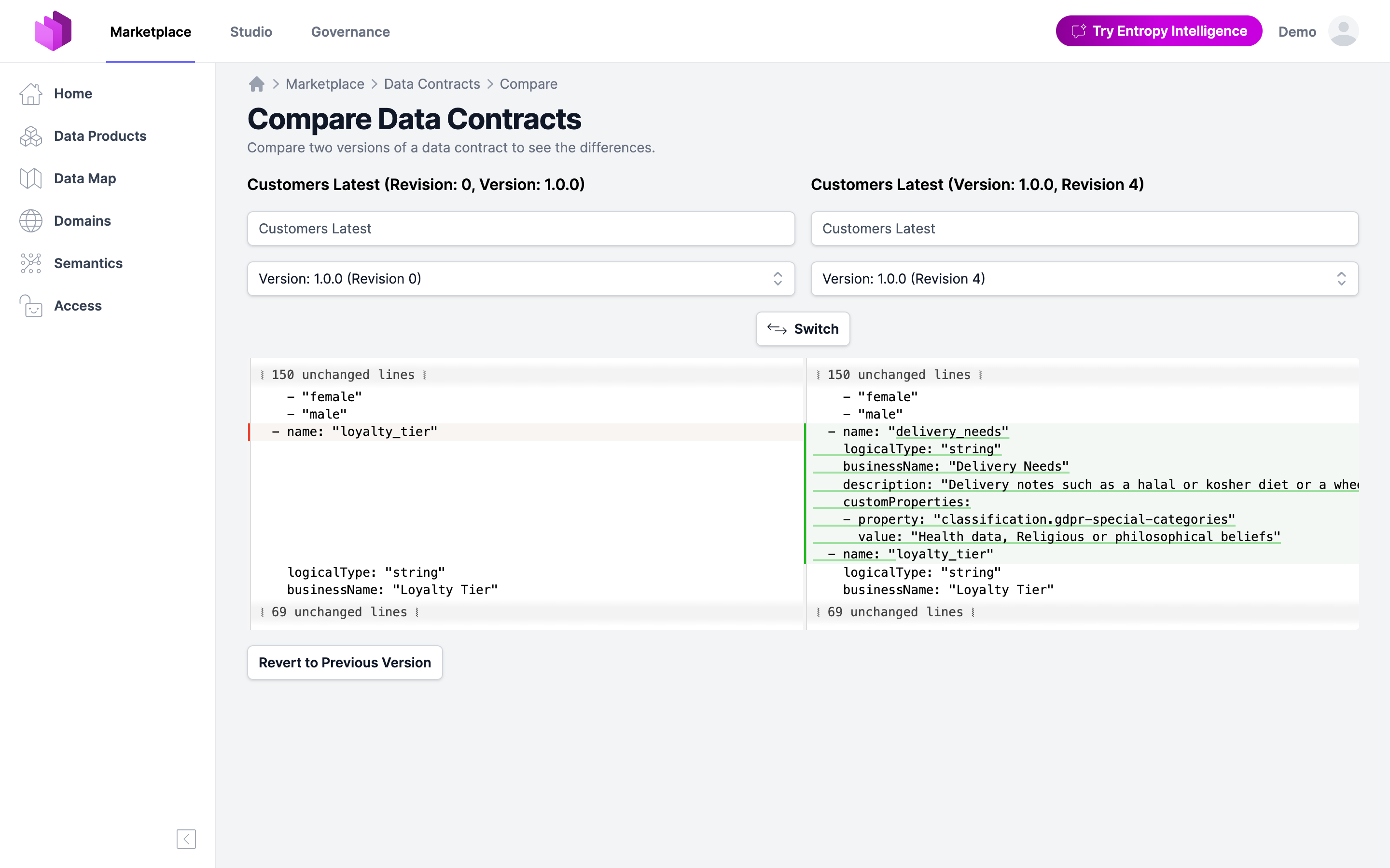 The compare page of a data contract, opened from the audit trail, with the diff between two revisions and the Revert to Previous Version button