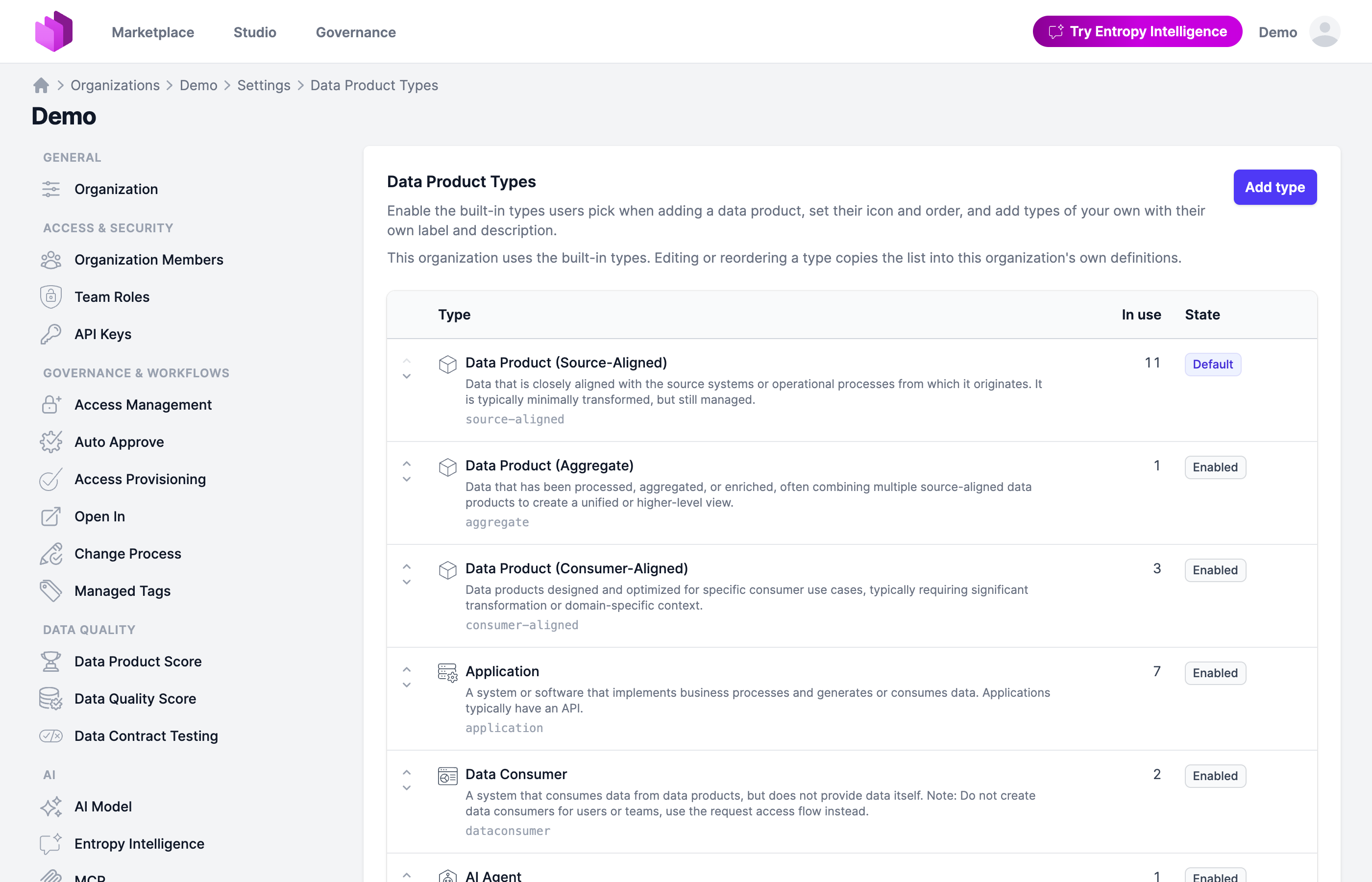 The Data Product Types settings page listing the built-in types with their usage count, state and order