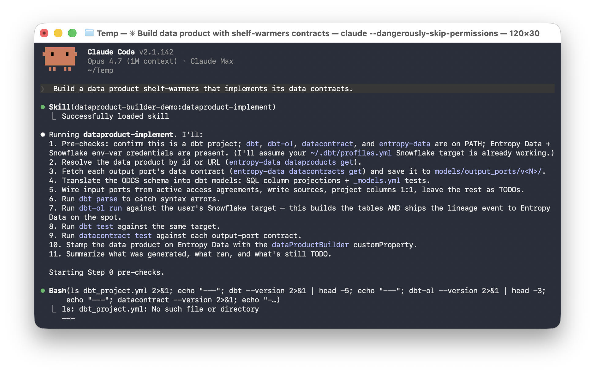 Claude Code running the dataproduct-implement skill in the terminal