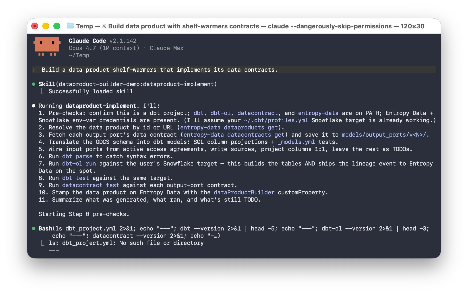 Claude Code running the dataproduct-implement skill in the terminal
