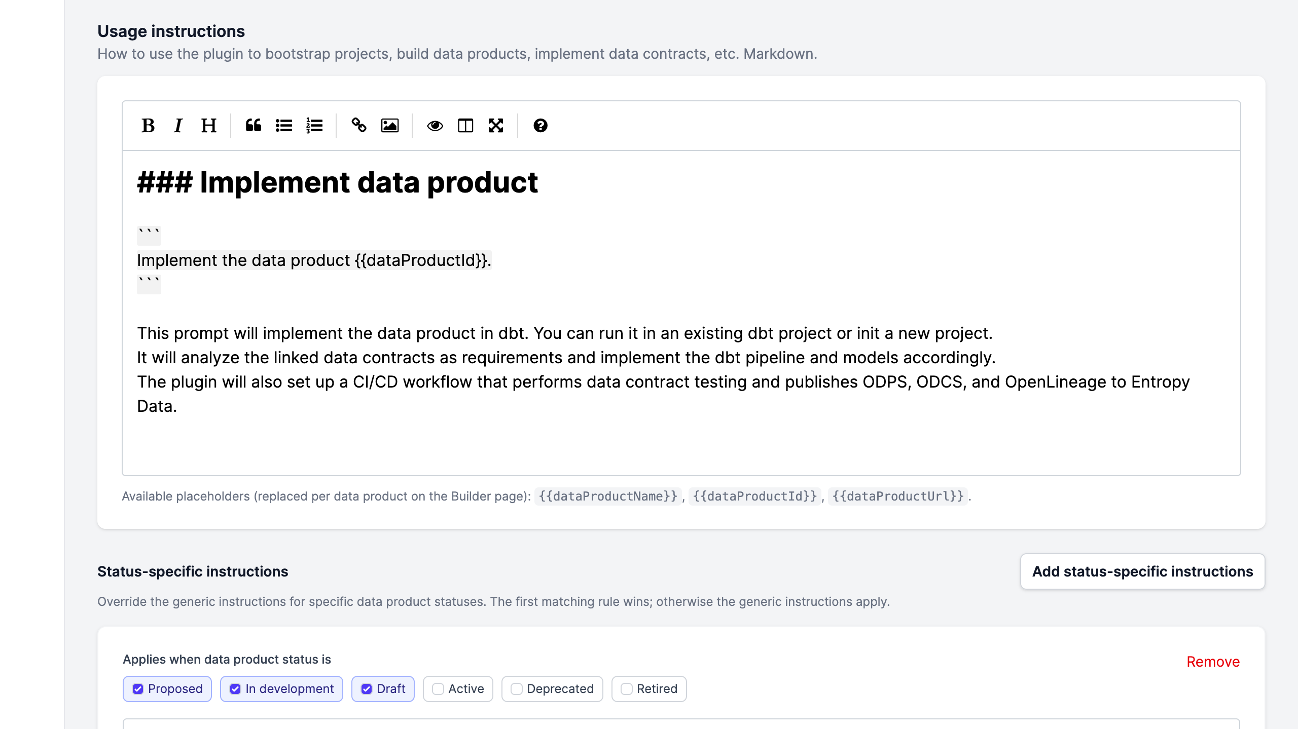 Builder edit form showing the usage instructions Markdown editor and status-specific instructions block