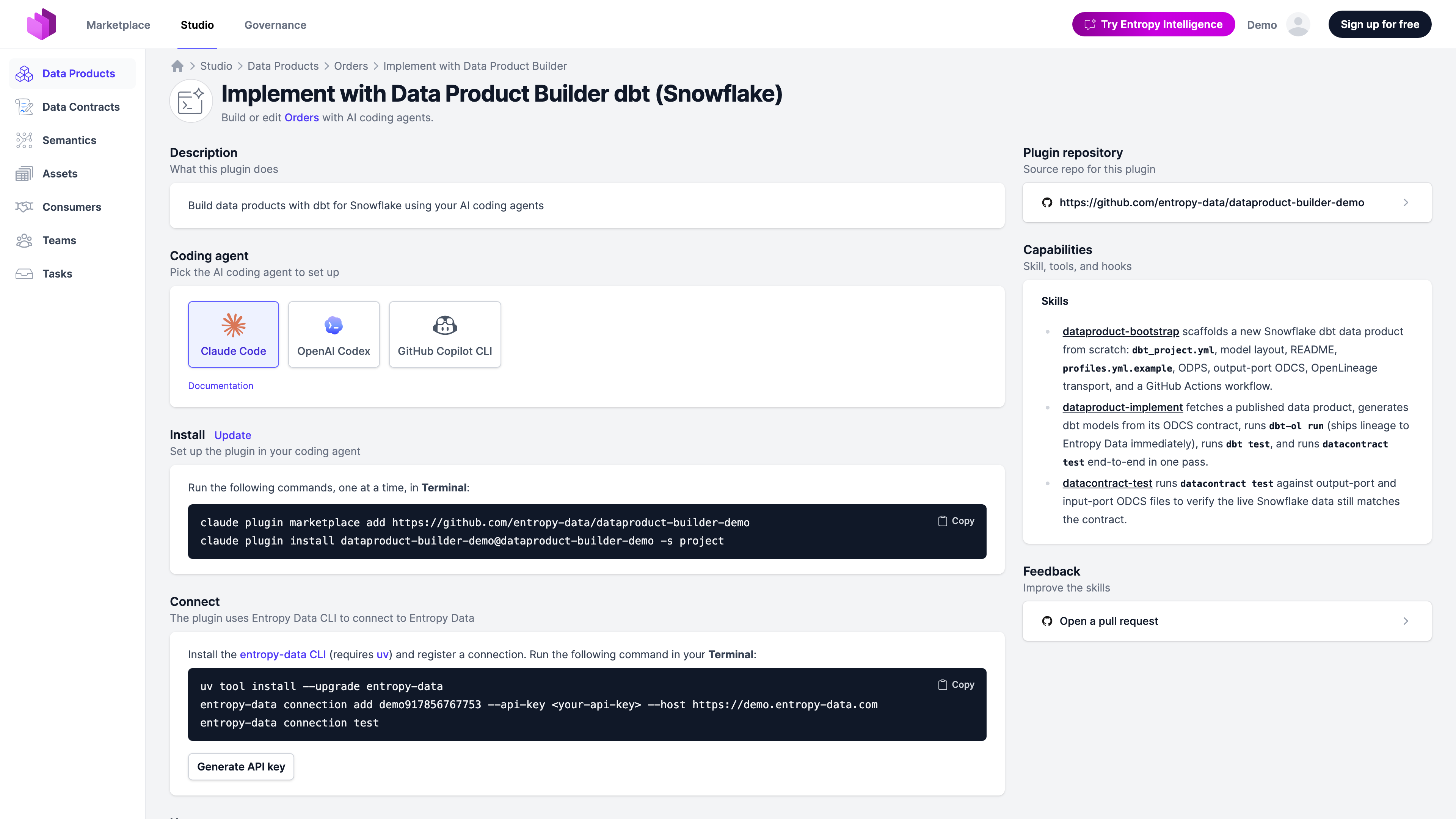 The Data Product Builder page on a data product, with install card and usage instructions