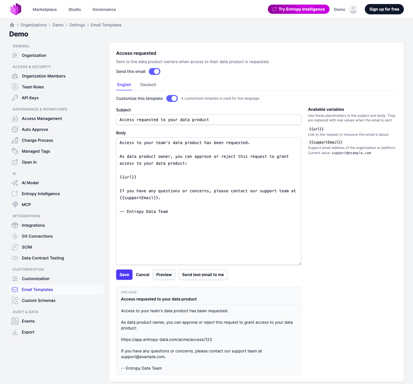 The email template editor with variables, preview, and test send