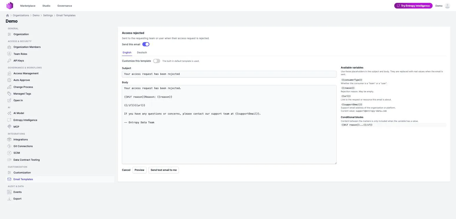 Editing an email template, with its variables, preview, and test send