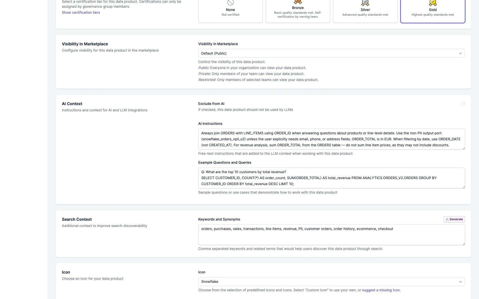 AI Context section in the data product edit form