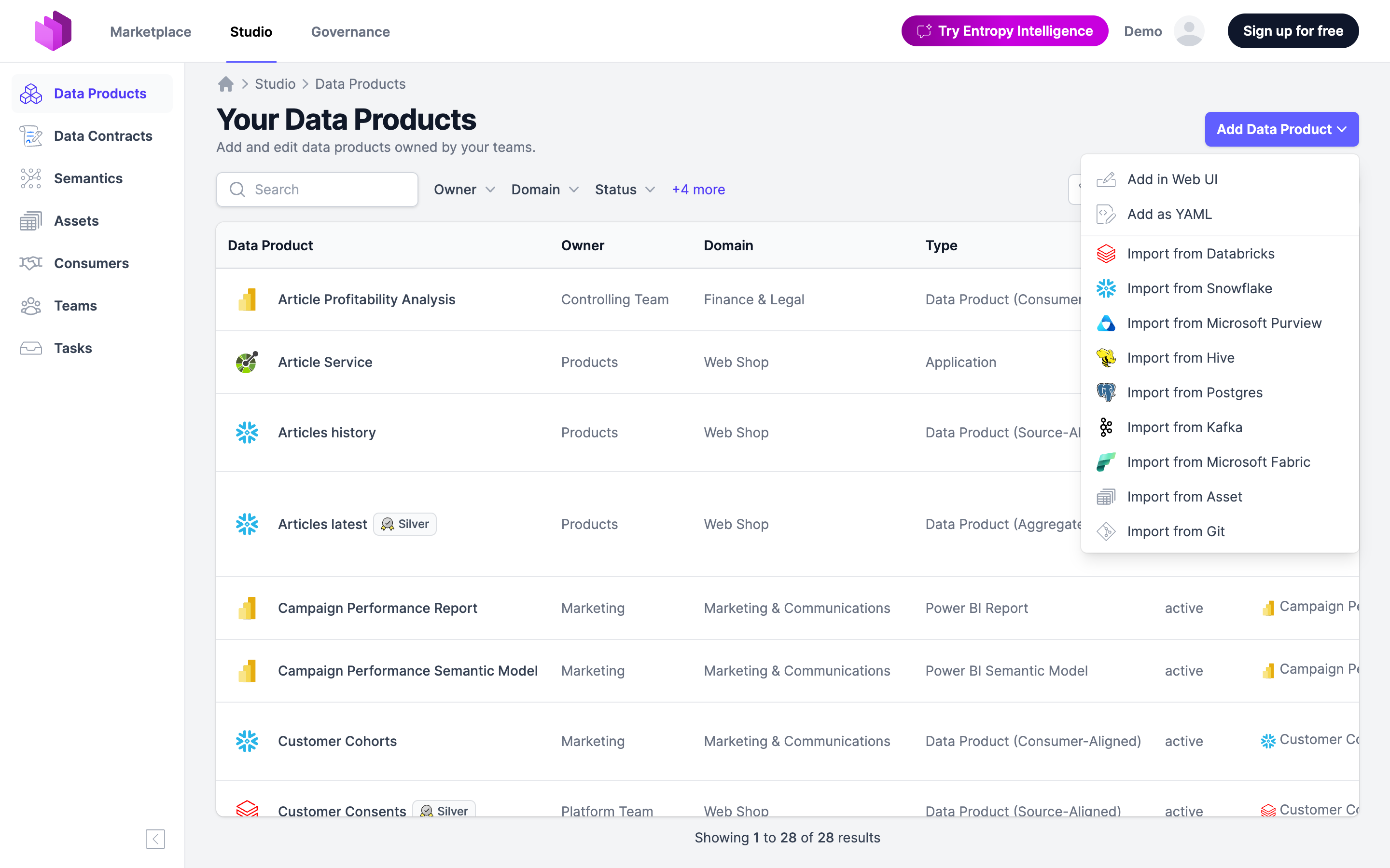 The Add Data Product menu in Studio, with the import options