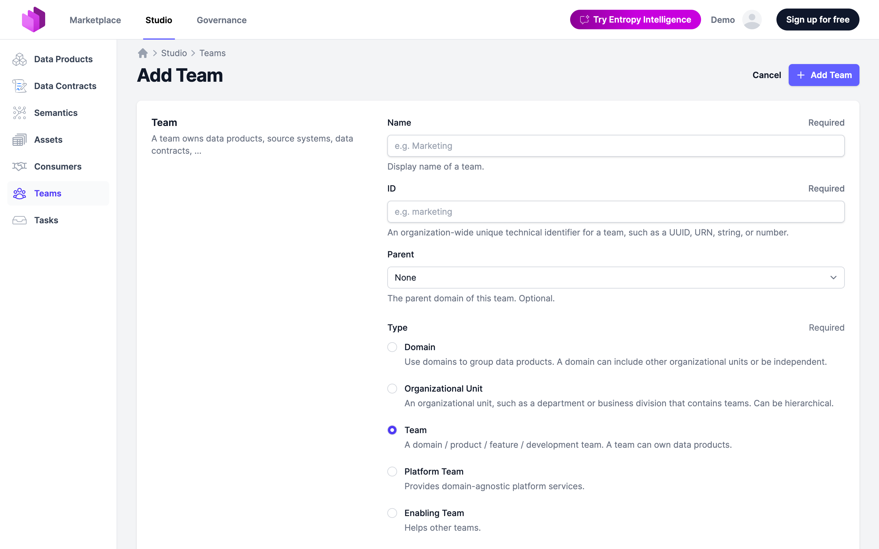 The Add Team form, with name, ID, parent, and type fields