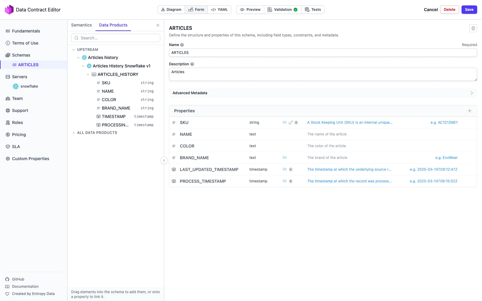 The contract editor's browser panel on the Data Products tab, next to the schema editor