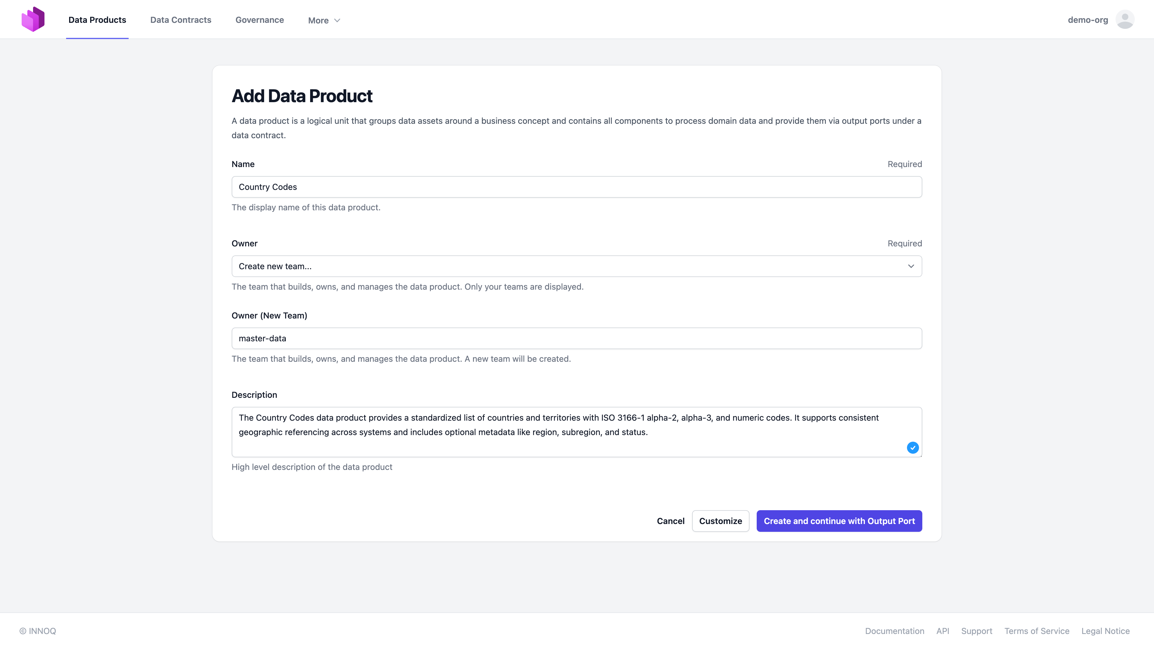 Setting data product name and selecting the owning team