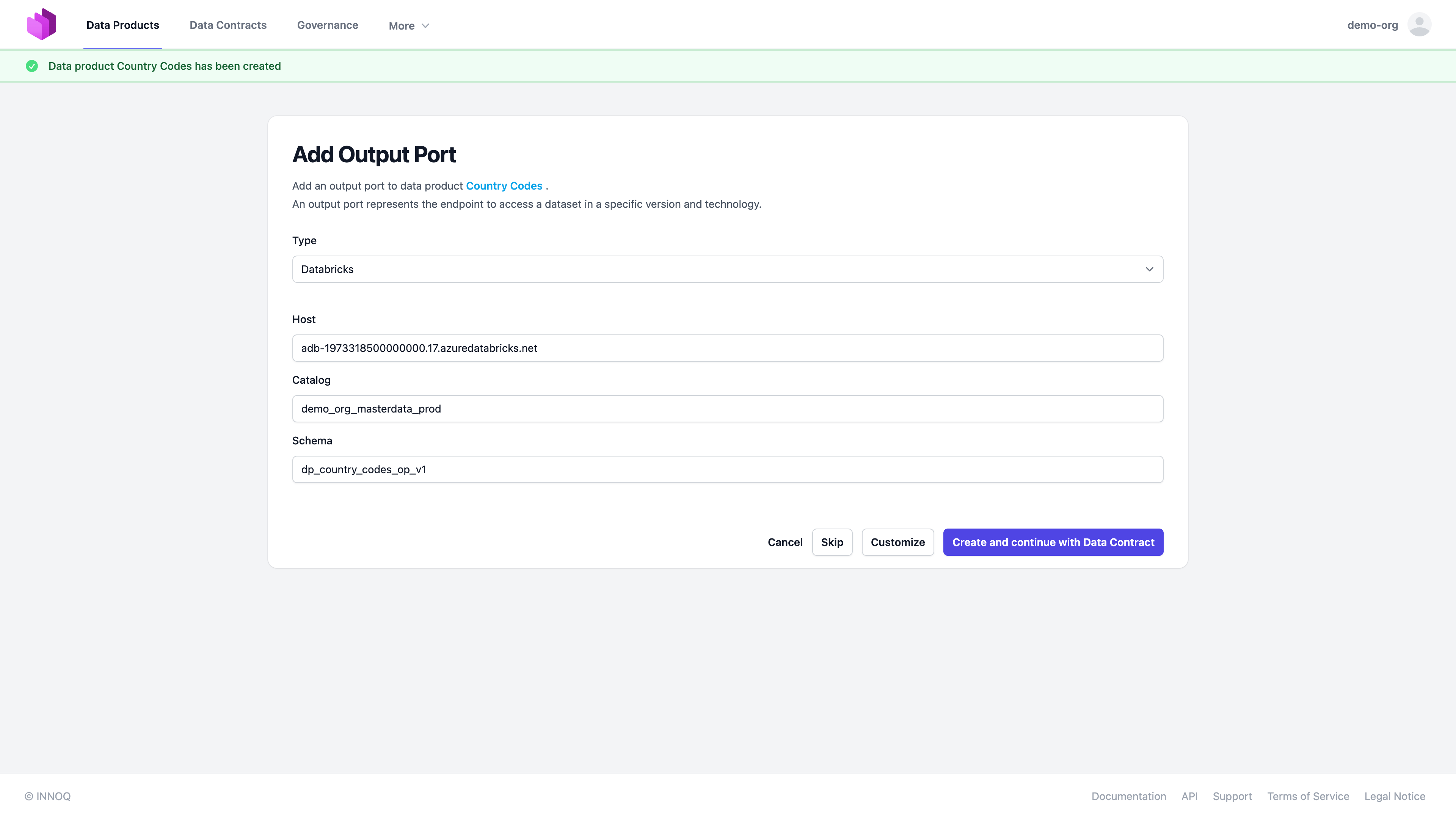 Configuring output port type with Databricks catalog and schema