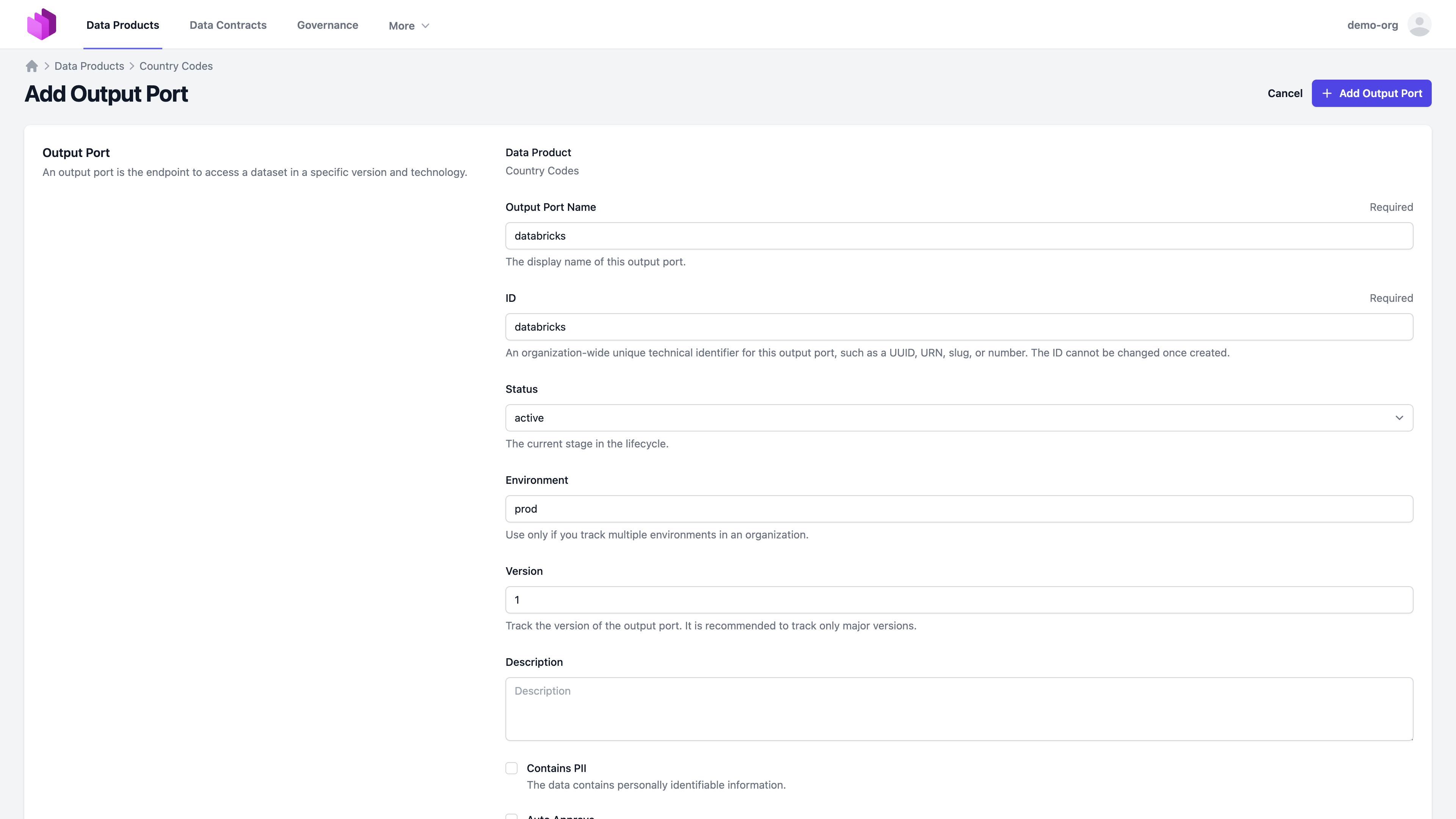 Output port customization with status, environment, and version settings