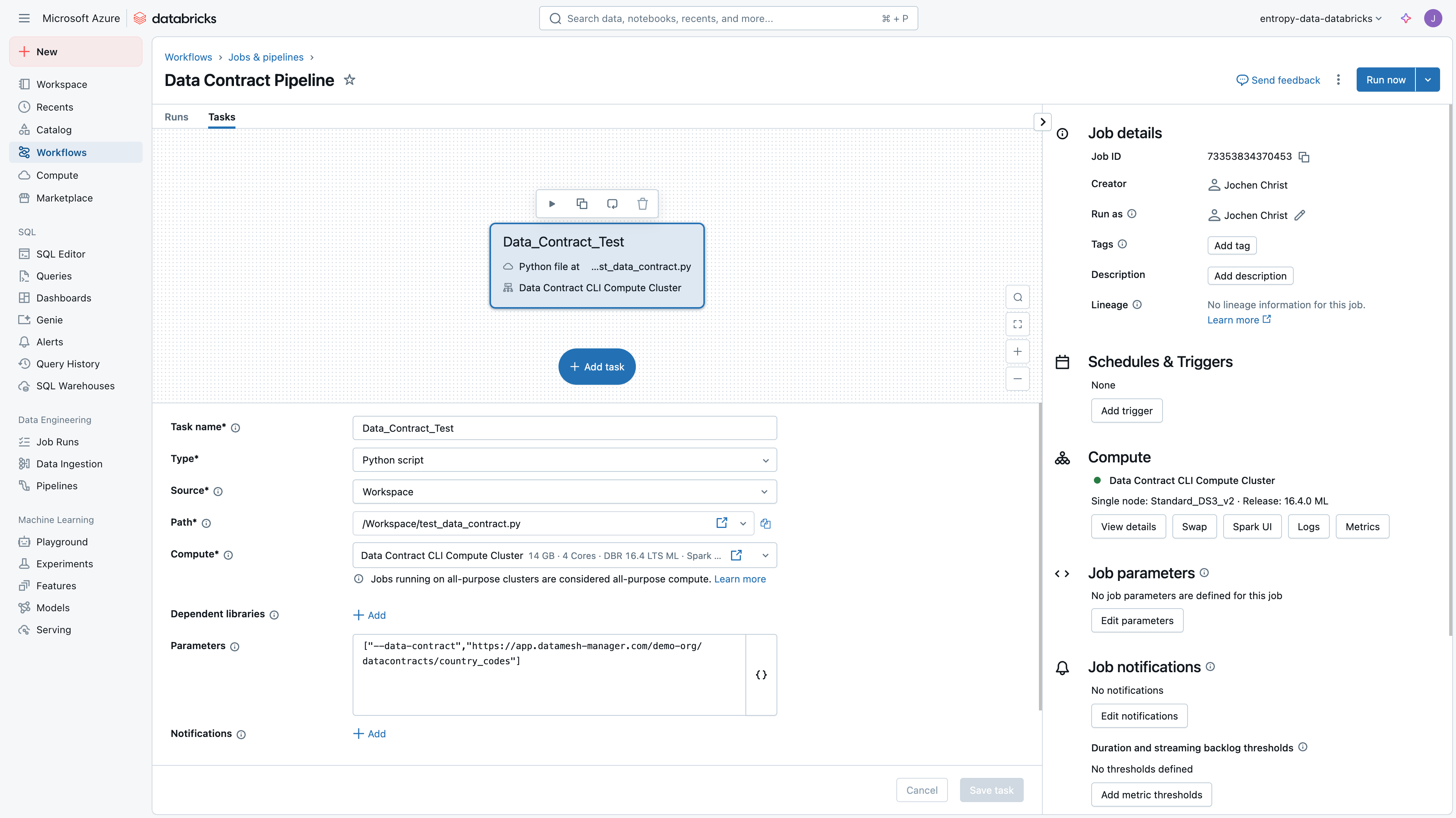 Databricks pipeline task configuration for data contract testing