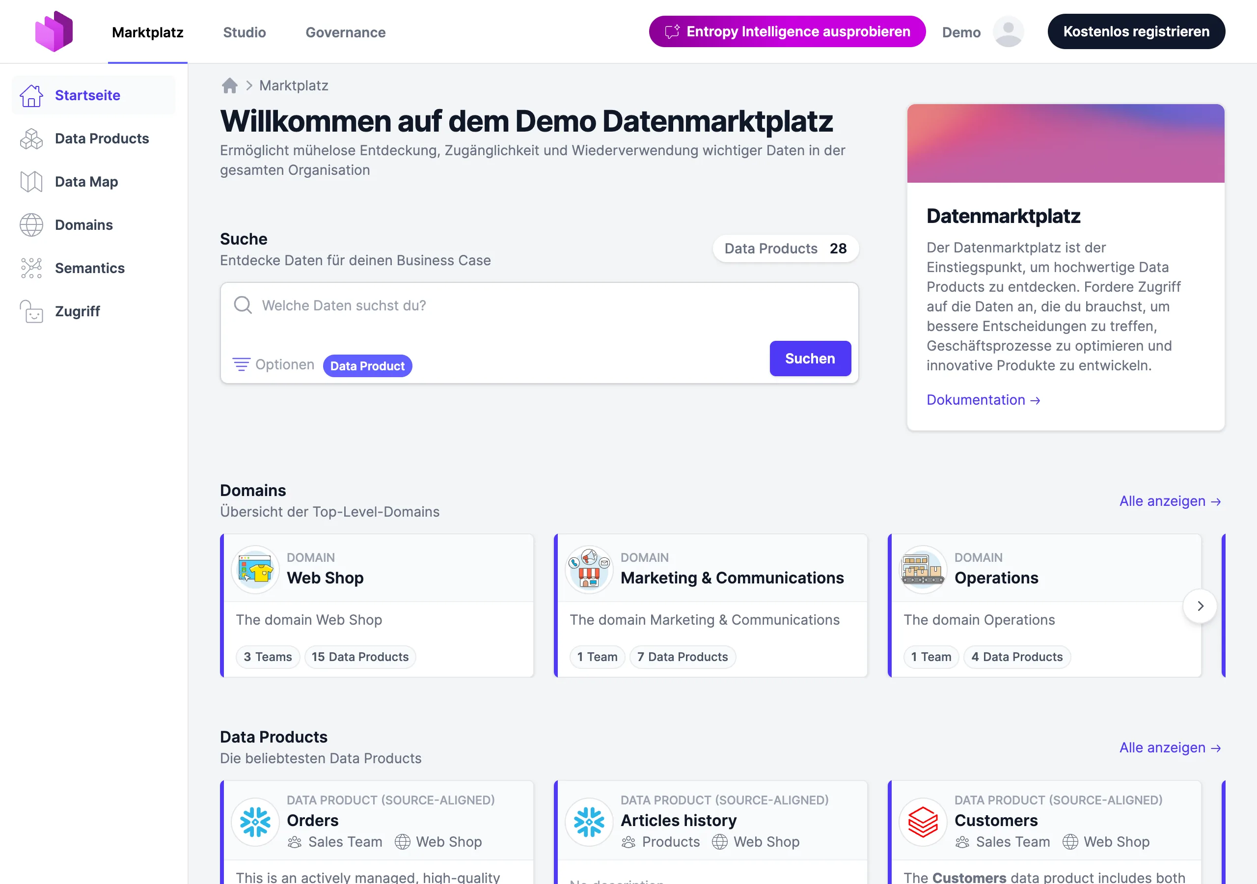 The Entropy Data interface rendered in German