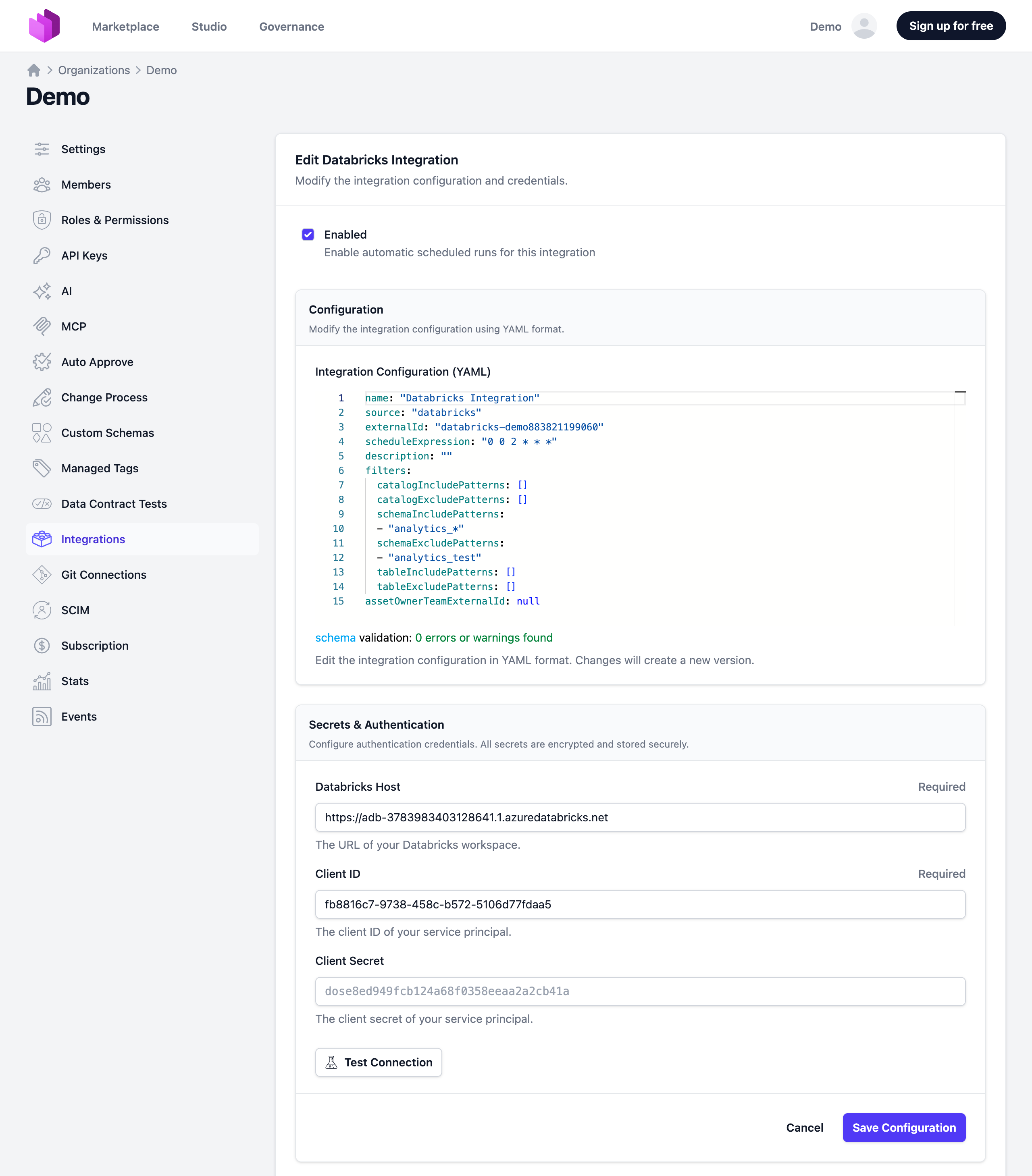 Integration configuration edit