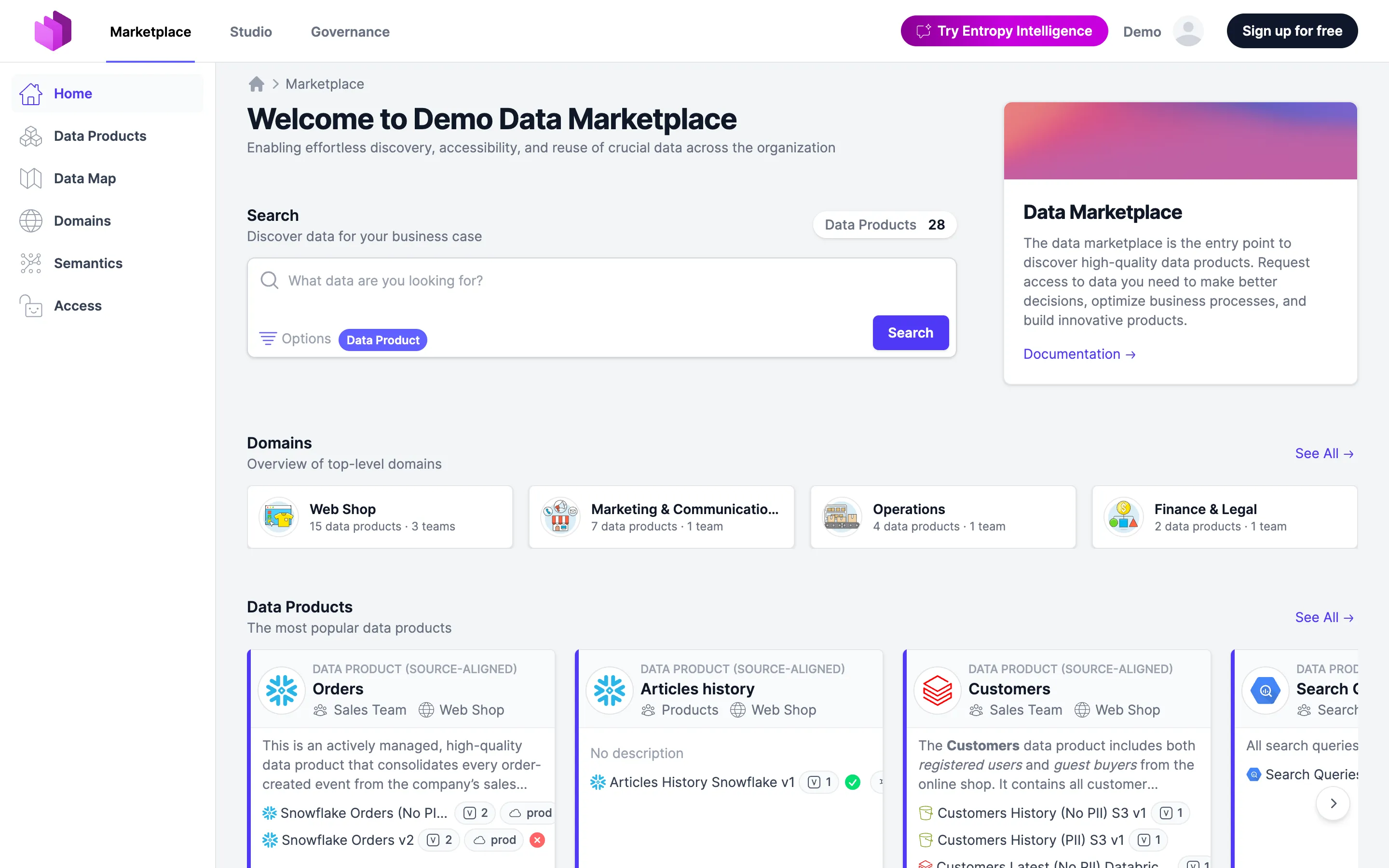 The marketplace home page with domains as a row of tiles showing icon, name and data product and team counts