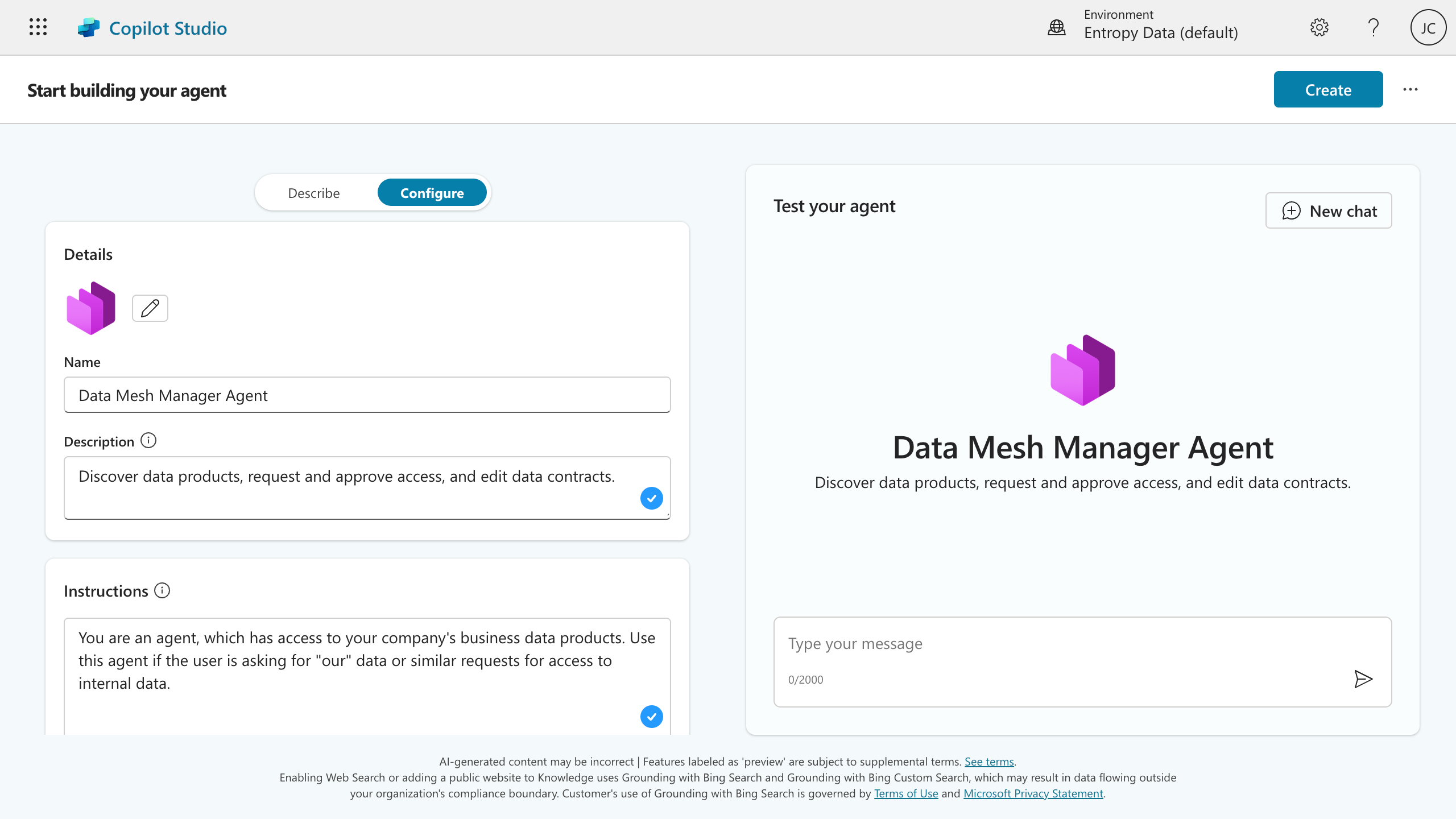 Creating a new agent in Copilot Studio