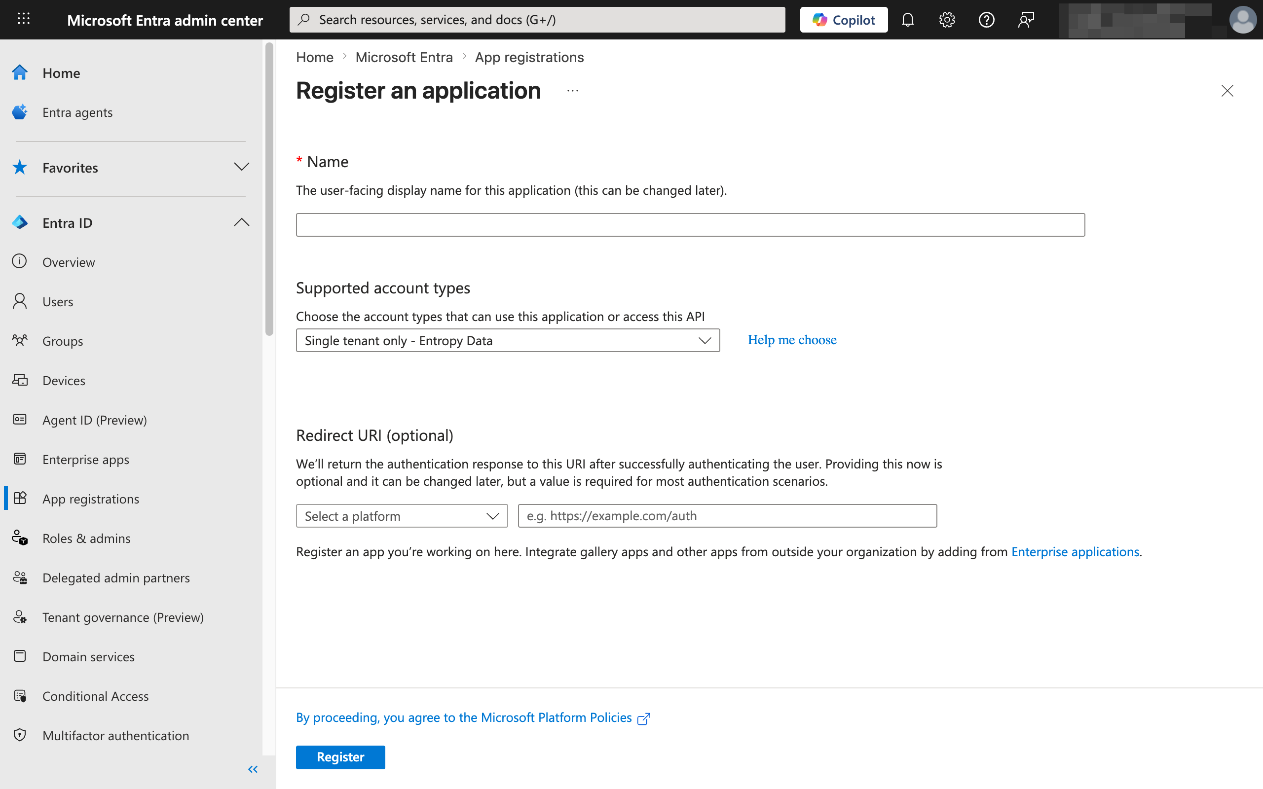 Register new Entra ID Application