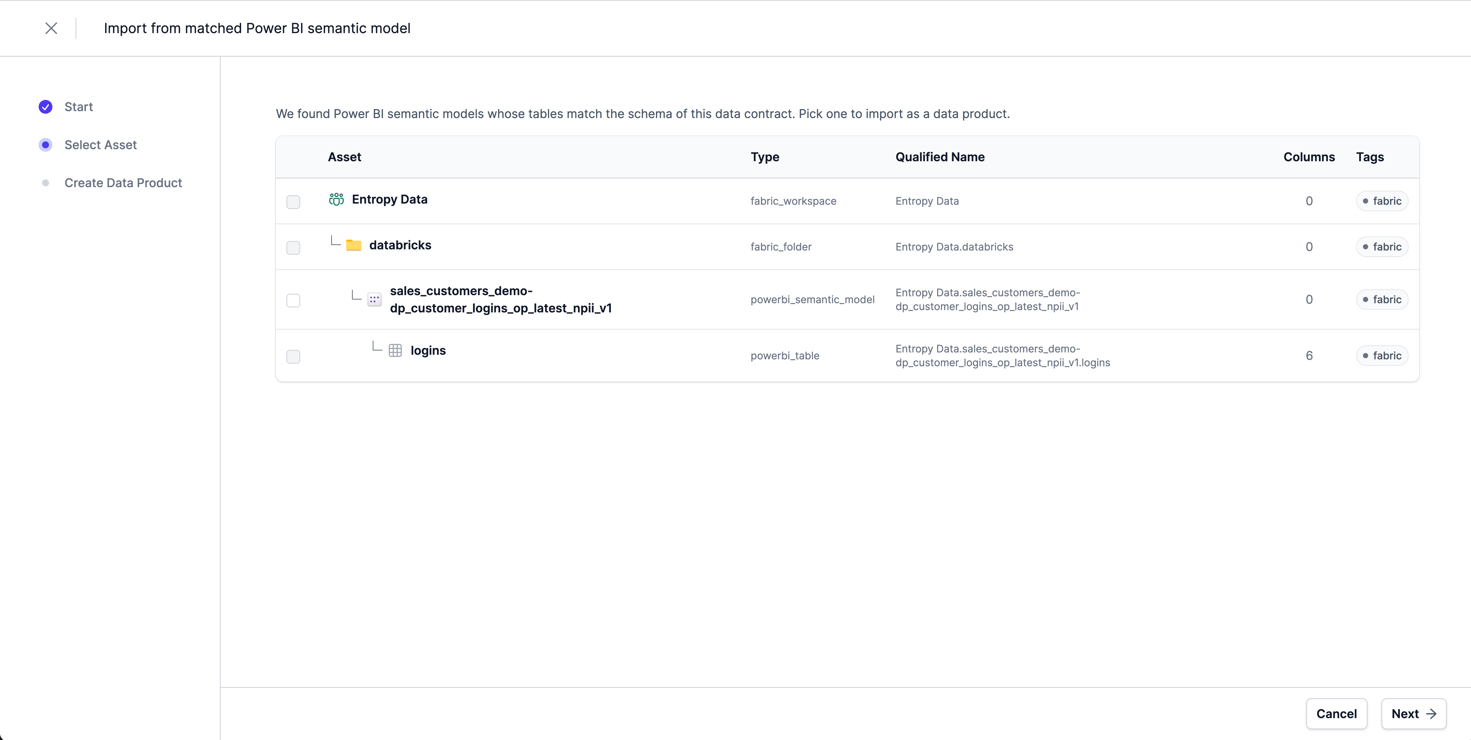 Import wizard for a matched semantic model