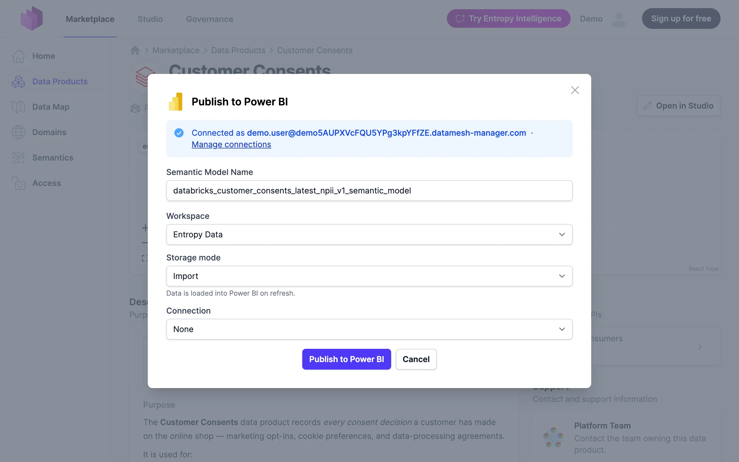 Publish to Power BI dialog