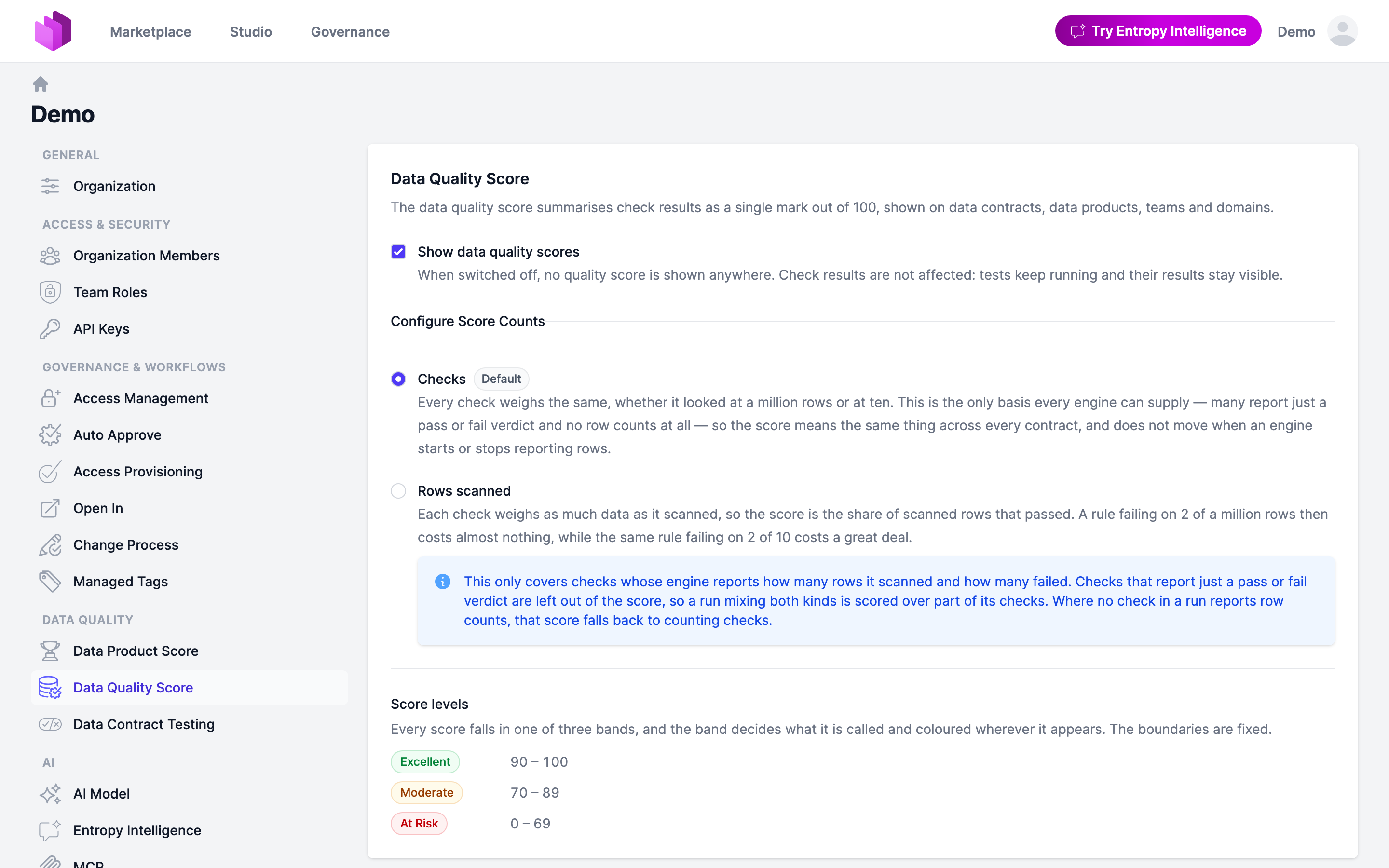 The Data Quality Score settings with the Checks and Rows scanned basis