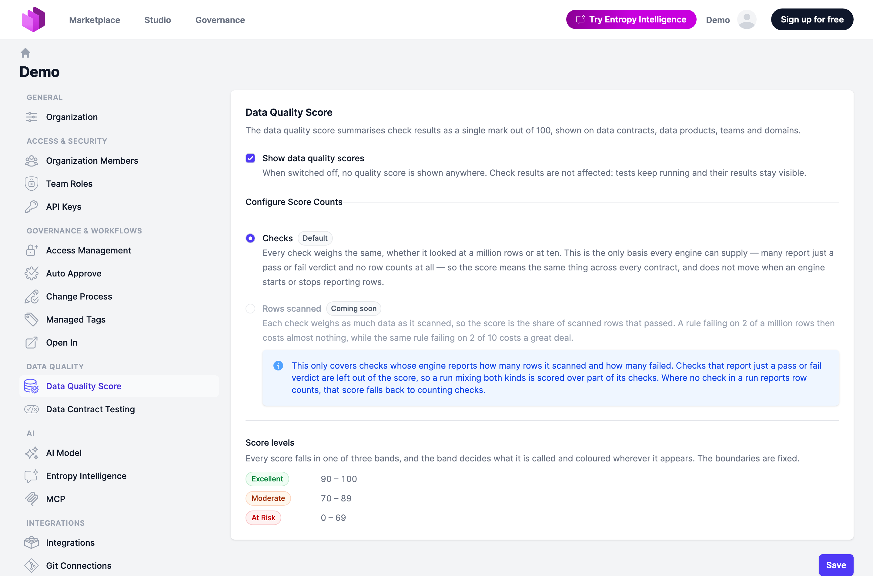 Data Quality Score settings