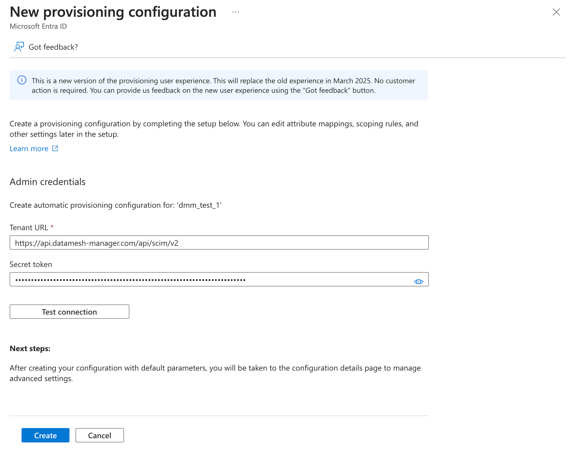 SCIM provisioning configuration with tenant URL and secret token