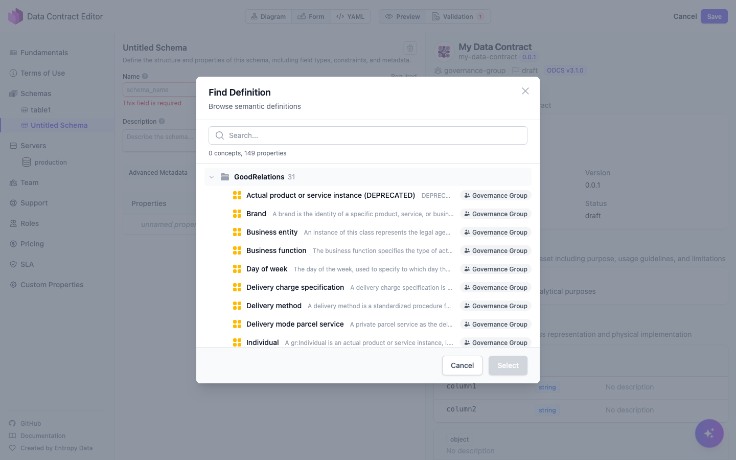 Find Definition picker in the data contract editor