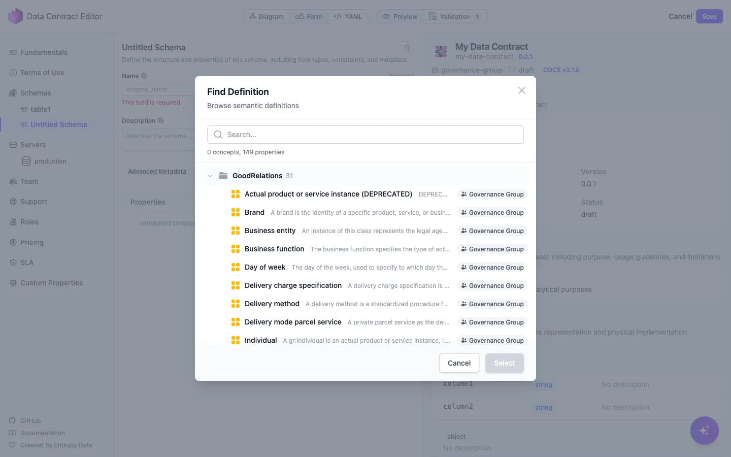 Find Definition picker in the data contract editor