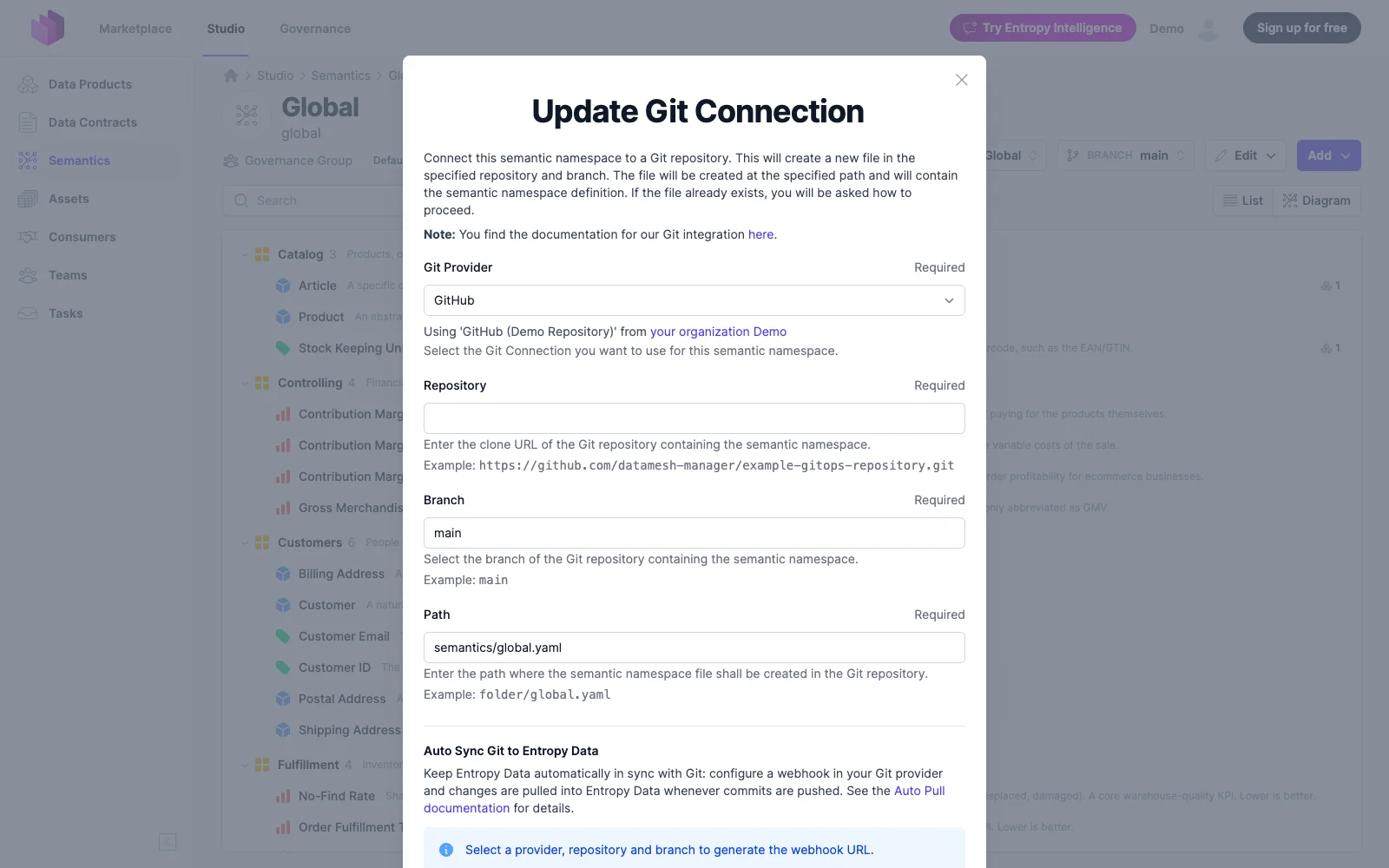Connecting a semantic namespace to a Git repository