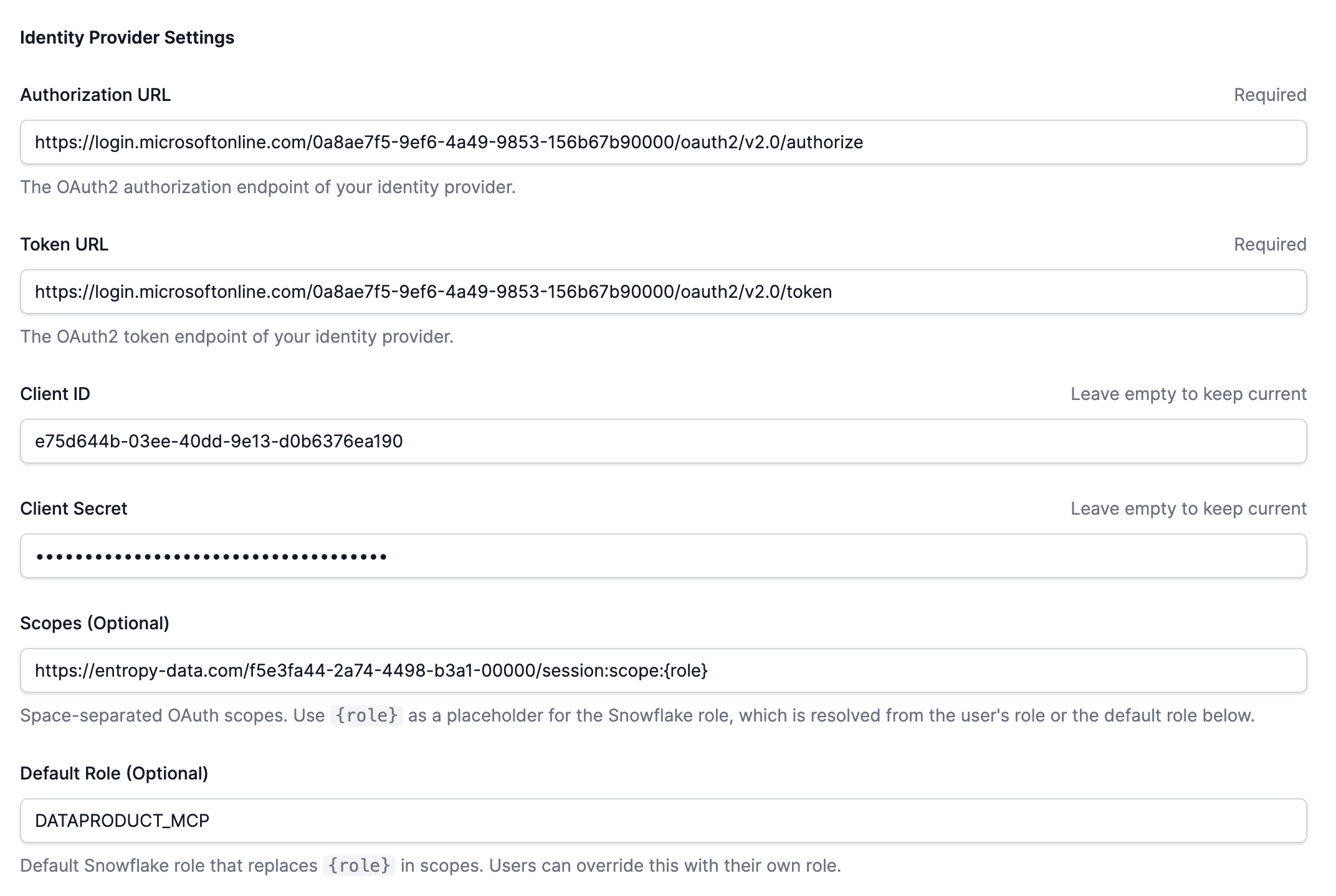 Entropy Data Organization Settings — Identity Provider Settings for Snowflake External OAuth
