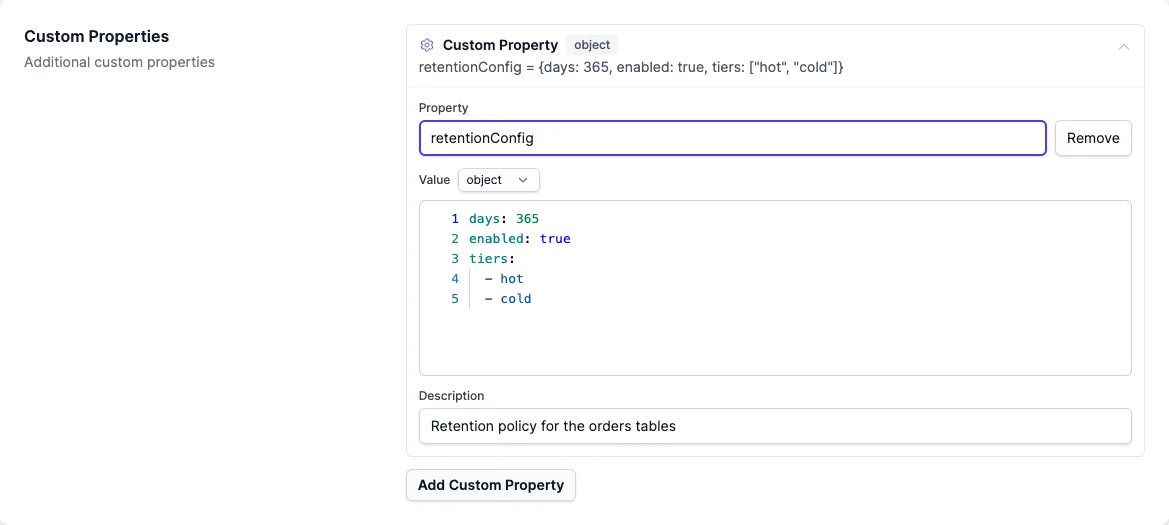 The typed custom-property editor on a data product, showing an object value edited as YAML